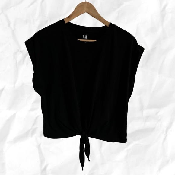 GAP Women’s Black Pleated Sleeves Crewneck Tied Cropped Top Medium - Picture 1 of 3